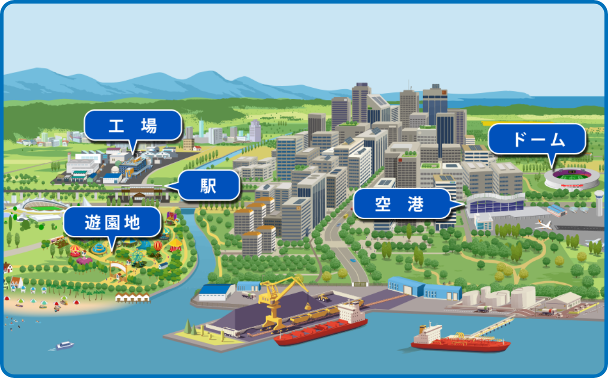 マップ：工場、駅、遊園地、空港、ドーム