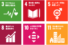 3:すべての人に健康と福祉を 4:質の高い教育をみんなに 5:ジェンダー平等を実現しよう 8:働きがいも経済成長も 10:人や国の不平等をなくそう 11:住み続けられるまちづくりを